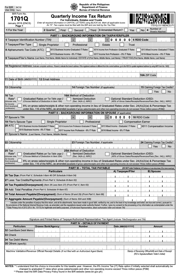 BIR Form 1701Q page 1 — official blank form showing the Quarterly Income Tax Return layout